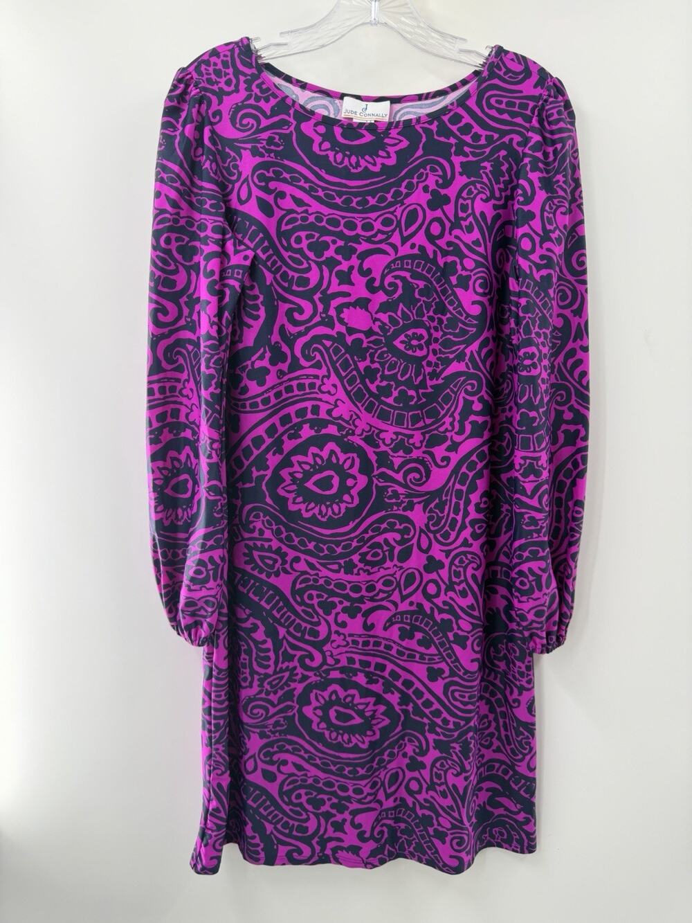 Jude Connolly Long Sleeve Paisley Shift Dress Fuchsia Navy Stretch M Size EUC